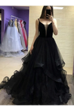 Exquisite Straps Black Tulle Long Prom Dresses, Black Evening Dress With Ruffles