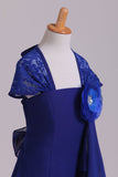 Eyelid Lace Back Flower Girl Dress A Line Chiffon & Lace With Flower Dark Royal Blue Rjerdress