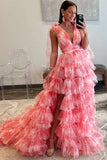 A Line V-NecK Tie Straps Floral Print Tulle Layered Long Prom Dress