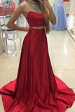 Fabulous Two Piece Red Halter Sleeveless Sweep Train with Beading Prom Dresses RJS730