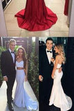 Fabulous Two Piece Red Halter Sleeveless Sweep Train with Beading Prom Dresses RJS730 Rjerdress