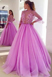 Fairy Ball Gown See Through Ruffled 3/4 Sleeves Tulle Long Prom Dresses with Appliques Rjerdress