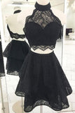 Fashion A Line Two Pieces Halter Backless Black Lace Short Homecoming Dresses RJS983