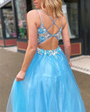 Fashion A Line  V Neck Backless Blue Lace Prom Dress with Appliques RJS567 Rjerdress