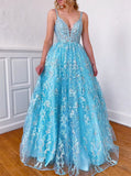 Fashion A Line  V Neck Backless Blue Lace Prom Dress with Appliques RJS567