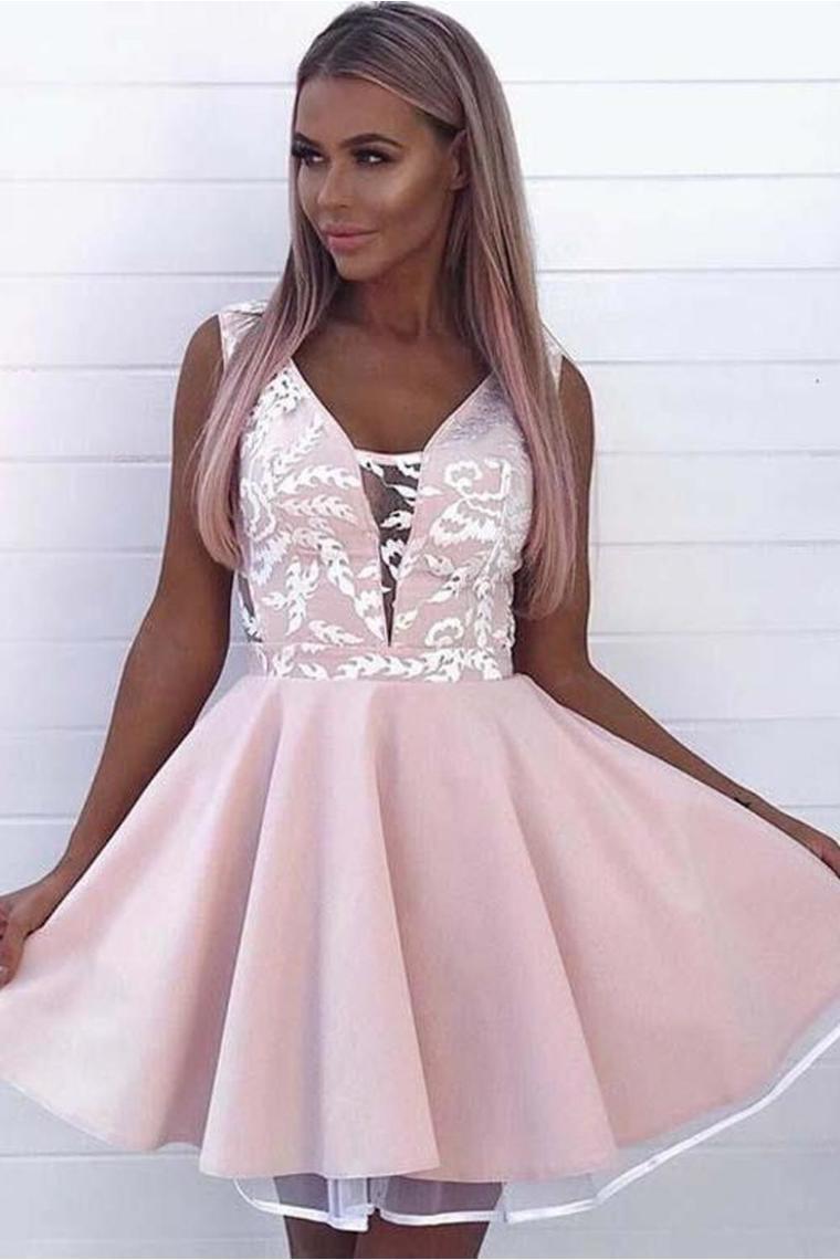 Fashion A Line V Neck Sleeveless Pink Appliques Short Homecoming Dress Rjerdress