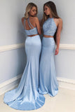 Fashion Light Blue High Neck Beading Long Prom Dresses Two Piece Mermaid Halter Evening Dresses RJS773