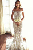 Fashion Mermaid Off-the-Shoulder Court Train Ivory Sleeveless Tulle Wedding Dress with Lace P4 Rjerdress