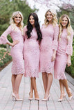Fashion Sheath Jewel Mermaid Long Sleeves Pink Lace Knee Length Bridesmaid Dress RJS580