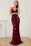 Fashion Spaghetti Straps Burgundy Sequin Mermaid Backless Deep V Neck Prom Dresses RJS892 Rjerdress
