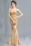 Fashion Sparkly Golden Sequins Mermaid Backless Sleeveless Floor-Length V-Neck Prom Dresses RJS244