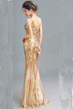 Fashion Sparkly Golden Sequins Mermaid Backless Sleeveless Floor-Length V-Neck Prom Dresses RJS244 Rjerdress