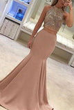 Fashion Two Piece High Neck Beaded Bodice Mermaid Satin Backless Prom Dresses Sexy Evening Dresses