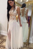 Floor-Length Chiffon Sleeveless Beaded Appliques Slit White Prom Dresses RJS327 Rjerdress