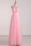 Floor Length Halter Ruched Bodice A Line Tulle Bridesmaid Dresses Rjerdress