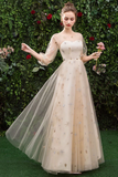 Floor Length Long Sleeve Tulle Evening Dress With Appliques, Prom Rjerdress