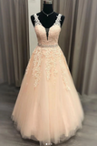 Floor Length V Neck Sleeveless Tulle Prom Dress With Appliques, Puffy Quinceanera Dress Rjerdress