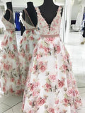 Floral Print A line V Neck Lace Appliques Prom Dresses V Back Straps Formal Dresses RJS704 Rjerdress