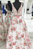 Floral Print A line V Neck Lace Appliques Prom Dresses V Back Straps Formal Dresses RJS704