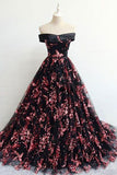 Floral Print Black Off the Shoulder Lace Appliques Prom Dresses with Lace up RJS695