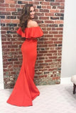 Flounced Off the Shoulder Satin Prom Dresses Two Piece Mermaid Long Formal Dress RJS490