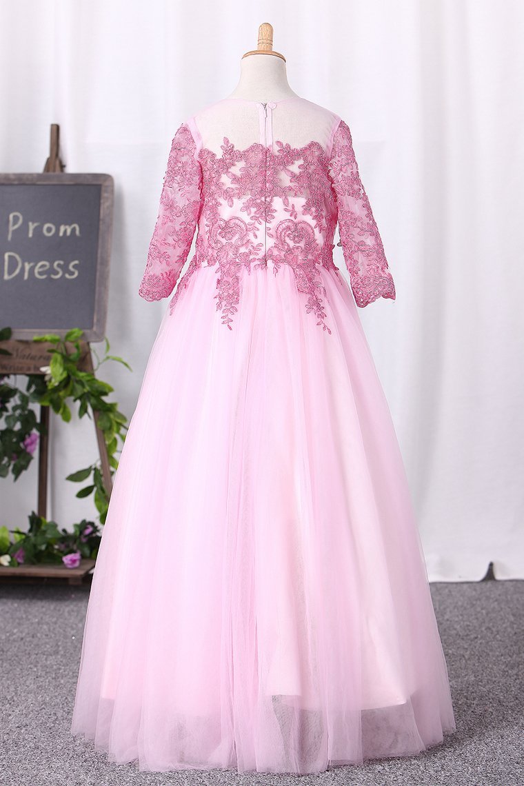 Flower Girl Dresses Ball Gown Scoop 3/4 Length Sleeves Tulle Floor Length With Appliques Rjerdress