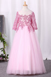 Flower Girl Dresses Ball Gown Scoop 3/4 Length Sleeves Tulle Floor Length With Appliques Rjerdress