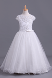 Flower Girl Dresses Short Sleeves Scoop A Line With Applique And Ribbon Tulle Rjerdress