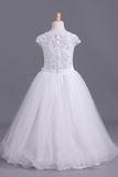 Flower Girl Dresses Short Sleeves Scoop A Line With Applique And Ribbon Tulle Rjerdress