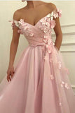 Flowers Beaded V Neck Off the Shoulder Prom Dresses Long Tulle Evening Gowns RJS745