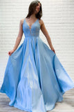 Flowy A-line V Neck Lace Long Prom Dresses Blue Satin Open Back Evening Dresses