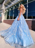 Flowy Ball Gown Light Blue Spaghetti Straps Prom Dresses, Lace Appliques Backless Prom Gowns Rjerdress