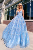 Flowy Ball Gown Light Blue Spaghetti Straps Prom Dresses, Lace Appliques Backless Prom Gowns
