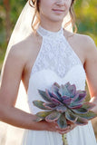 Flowy Halter Open Back Ivory Lace Chiffon Long Simple Beach Wedding Dresses Rjerdress