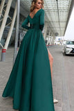Flowy Long Front Split Green Chiffon Backless Elegant Long Sleeve Prom Dresses RJS104 Rjerdress