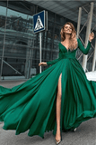 Flowy Long Front Split Green Chiffon Backless Elegant Long Sleeve Prom Dresses RJS104