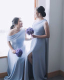 Flowy Long One Shoulder Cheap Bridesmaid Dresses With Slit Rjerdress