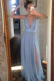 Flowy Long V-Neck Spaghetti Straps Simple Elegant Sky Blue Prom Dresses Rjerdress