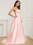 Flowy Simple Cheap Long Spaghetti Straps Pink Slit Prom Dresses Rjerdress