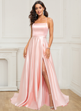 Flowy Simple Cheap Long Spaghetti Straps Pink Slit Prom Dresses