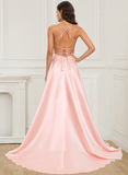 Flowy Simple Cheap Long Spaghetti Straps Pink Slit Prom Dresses Rjerdress