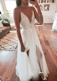 Flowy Spaghetti Straps Ivory Lace Tulle Long V-Neck Beach Wedding Dresses