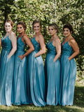 Formal A-Line Blue Chiffon Lace Long Elegant Wedding Party Dresses Bridesmaid Dresses