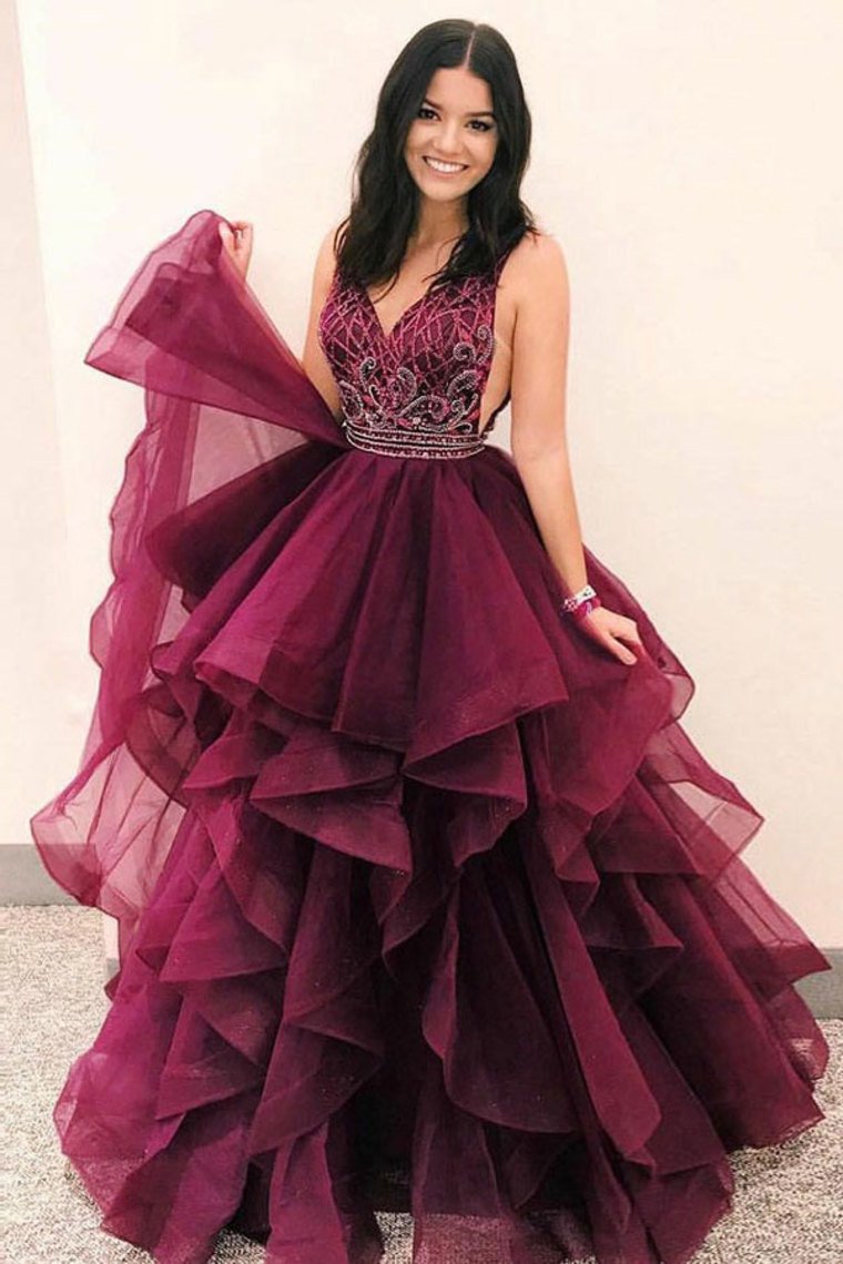 Formal Ball Gown Long V-Neck Open Back Princess Prom Dresses Quinceanera Dresses Rjerdress