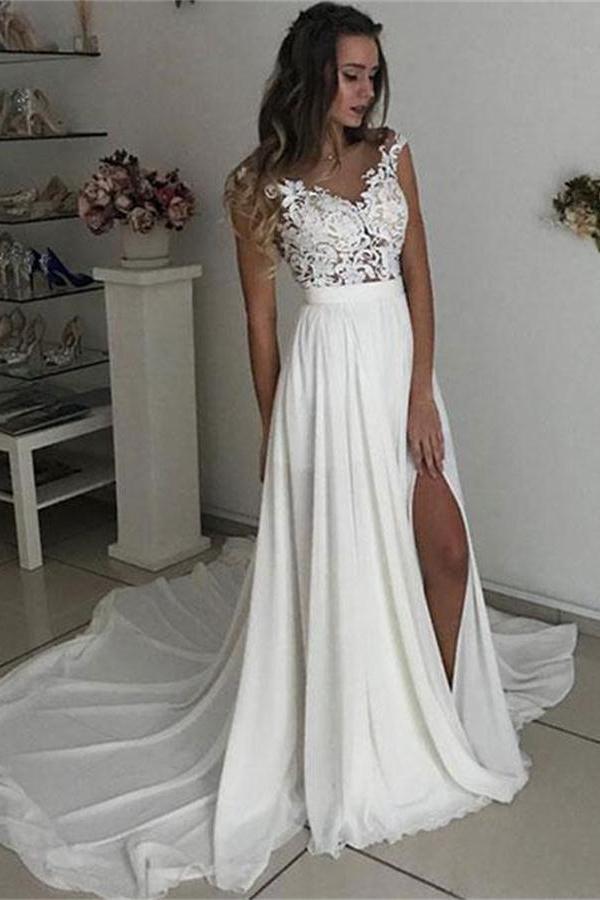 Formal Long Ivory Lace Chiffon Side Slit Cap Sleeve Cheap Beach Wedding Dresses Rjerdress