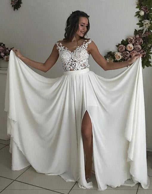 Formal Long Ivory Lace Chiffon Side Slit Cap Sleeve Cheap Beach Wedding Dresses Rjerdress