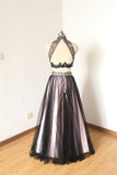 Full Length Sexy Tulle Beads Sleeveless A line Coffee Tulle Two Piece Prom Dresses uk Rjerdress