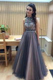 Full Length Sexy Tulle Beads Sleeveless A line Coffee Tulle Two Piece Prom Dresses uk Rjerdress