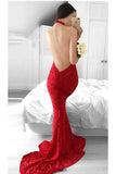 Glamorous Mermaid Red Lace Halter Evening Dress Backless Sleeveless Prom Dresses UK RJS331 Rjerdress