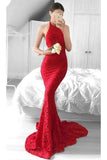 Glamorous Mermaid Red Lace Halter Evening Dress Backless Sleeveless Prom Dresses UK RJS331